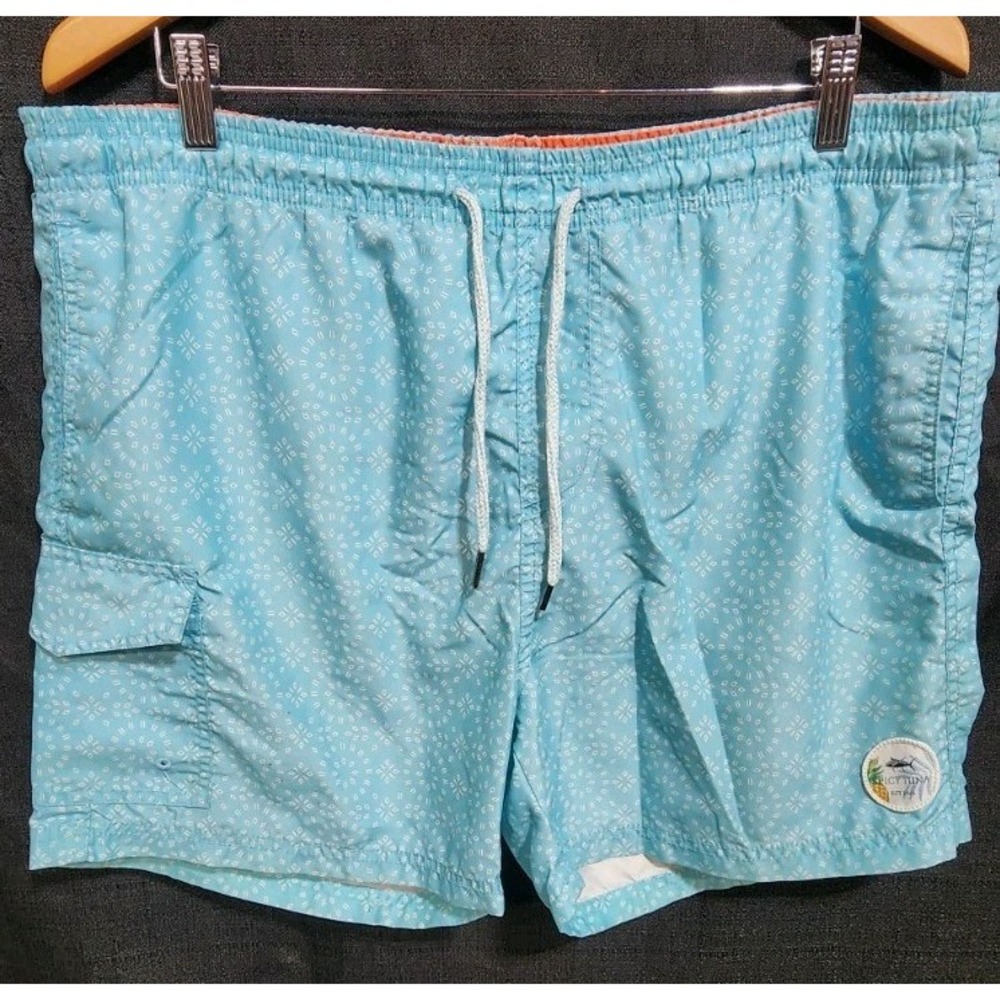 Spicy Tuna Blue Lined Swim Trunks UV 50+ Sz Lg 5.5" Inseam Boardshorts Beach EUC